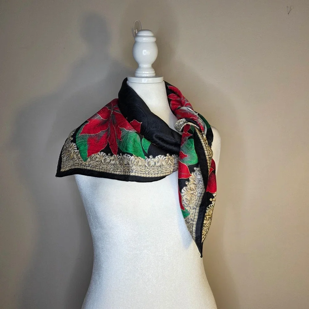 Satin Poinsetta Square Scarf Womens 34 in Black Red Floral Holiday Christmas